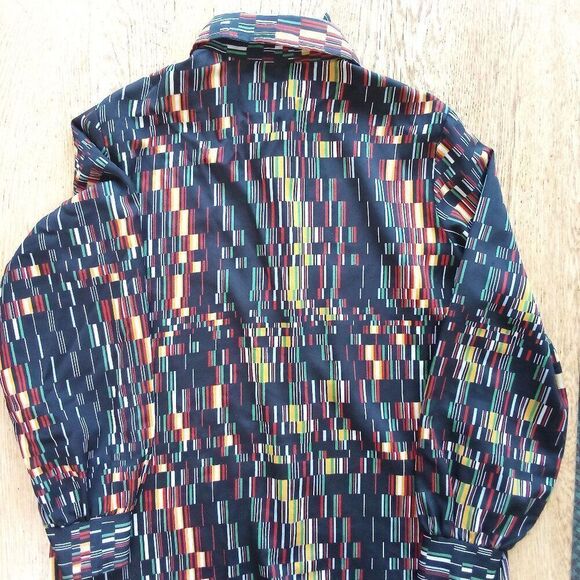 Vintage 70s Lady Arrow Bar Code Geometric Polyester Disco Shirt - Picture 5 of 6